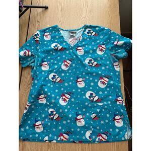 Womens SB Scrubs Snowman ⛄️ Snowflake ❄️ Print Scrub Top Blue size Medium